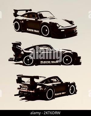 A triptych in motor sport luxury with a front, side and rear view on the Porsche RWB 930 Stock Photo