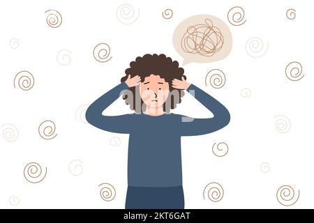 Female character Depression, stress. There is complete confusion in the head Stock Vector