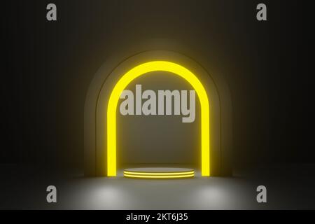 yellow black glowing arch and empty stage stage in darkness 3d rendering, podium platform for product promotion. Stock Photo