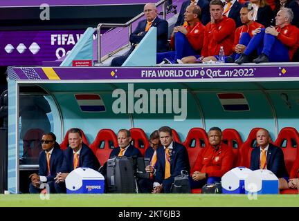 AL KHOR - Holland assistant trainer Edgar Davids, Holland coach Louis van Gaal and Holland assistant trainer Danny Blind (LR) during the FIFA World Cup Qatar 2022 group A match between Netherlands and Qatar at Al Bayt Stadium on November 29, 2022 in Al Khor, Qatar. ANP KOEN VAN WEEL Stock Photo