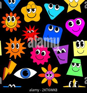 Cartoon stickers seamless pattern. Abstract shapes, stars, square, comic cute doodle smile characters Stock Vector