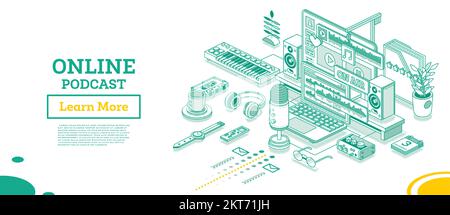 Online Podcast or Radio Show. Vector Illustration. Isometric Music Concept. Recording Equipment. Microphone, Laptop, Headphones, Mixer. Stock Vector