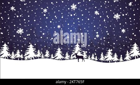 night winter background with various shades of blue and snowy forest, in the foreground a reindeer, a lot of snowflakes are falling on the plain of th Stock Vector