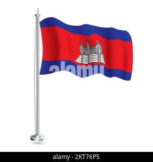 Cambodian Flag. Isolated Realistic Wave Flag of Cambodia Country on Flagpole. Vector Illustration. Stock Vector