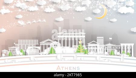 Athens Greece. Winter City Skyline in Paper Cut Style with Snowflakes, Moon and Neon Garland. Christmas and New Year Concept. Santa Claus on Sleigh. Stock Vector