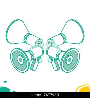 Megaphone or Horn Loudspeaker Icons. Isometric Concept. Vector Illustration. Objects for Infographics Isolated on White Background. Four Megaphones. Stock Vector