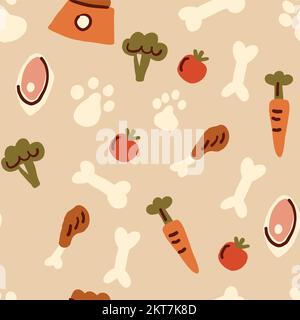 Healthy dog food pattern on beige background - tomato, beef, chicken, broccoli, bone, dog bowl, carrot. Vector illustration Stock Vector