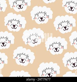 Vector seamless pattern with bichon dogs faces on light beige background. Vector illustration Stock Vector