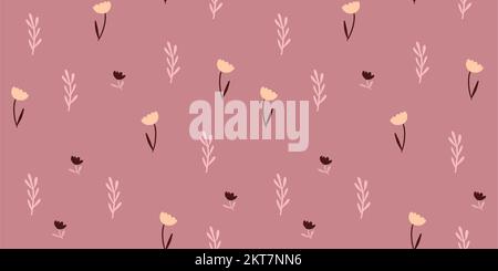 Romantic flowers on pink background, autumn flowers minimalistic pattern. Vector illustration Stock Vector