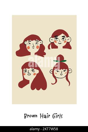 Poster with girls portraits with brown hair. Romantic girls faces. Womens day poster. Vector illustration Stock Vector