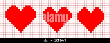 Group of three Heart shape icon. Pixel style. Vector illustration Stock Vector