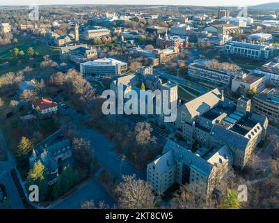 11-19-2022, Early morning aerial autumn image of the area surrounding the City of Ithaca, NY, USA