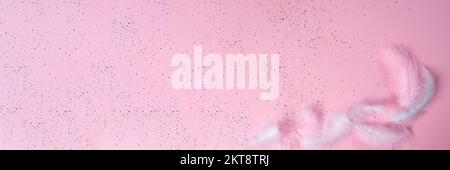 Light feathers of pastel colors on a pink background. A long banner for your design. Copy space. Flat lay.A long banner for your design. Copy space. Flat lay. Stock Photo