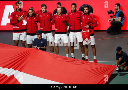 Malaga, Spain. 27th Nov, 2022. Canadian team with flag during Coppa Davis - Final - Canada vs Australia, Tennis Internationals in Malaga, Spain, November 27 2022 Credit: Independent Photo Agency/Alamy Live News Stock Photo
