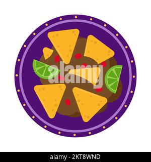 Nachos and fajitos with slices of tomato and pepper, lime on a plate. Illustration for the menu on a white background. Traditional Mexican food. Stock Vector
