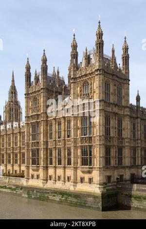 Corner Of The Houses Of Parliament, Palace Of Westminster On The River Thames From Westminster Bridge, London UK Stock Photo