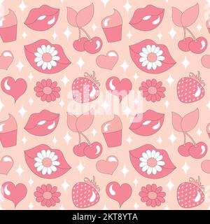 Seamless pattern with retro hearts and sparkles. Vector illustration. Stock Vector