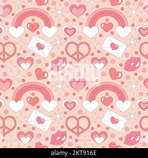 Seamless pattern with retro hearts and sparkles. Vector illustration. Stock Vector