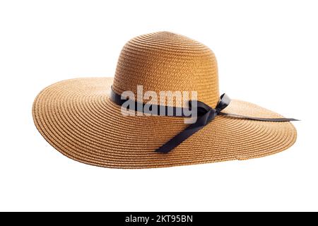 Womens summer yellow straw hat with black ribbon on white background Stock Photo