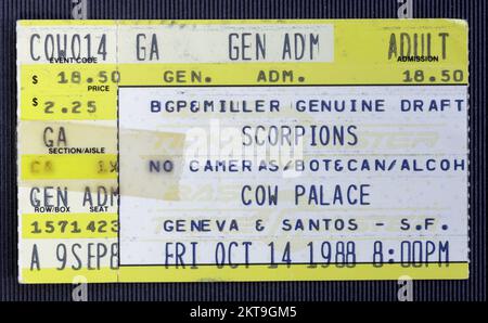 San Francisco, California -October 14, 1988 - Old used ticket for the concert of Scorpions at Cow Palace Stock Photo