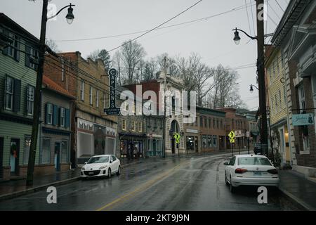 Main Street on a rainy morning, Ellicott City, Maryland Stock Photo