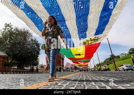 Canopy of national flag pennants of countries participating in the 2022 ...