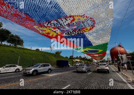 Canopy of national flag pennants of countries participating in the 2022 ...