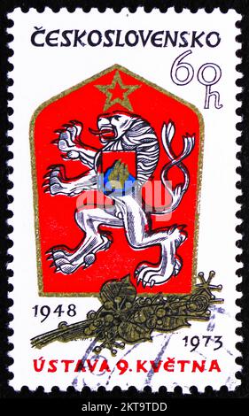 MOSCOW, RUSSIA - OCTOBER 29, 2022: Postage stamp printed in Czechoslovakia shows 25th Anniversary of May 9th Constitution, serie, circa 1973 Stock Photo