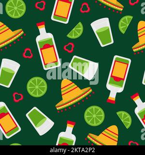Colorful Mexican seamless pattern with tequila bottle, sombrero, chili pepper, lime shot, vector illustration. Pattern for wrapping, textile, design Stock Vector