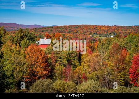 Grandview farm barn by the side of the track near Stowe in Vermont during the autumn color season Stock Photo