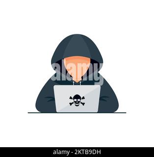 Hacker vector concept: Unknown man stealing data from the email while using laptop eps 10 Stock Vector