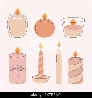 Set of modern decorative burning candles. Wax candles for home aromatherapy, relax and spa. Vector illustration Stock Vector
