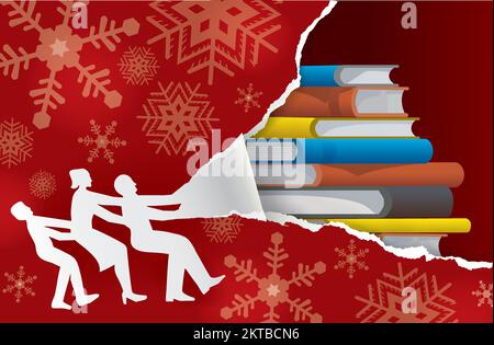 Family tearing Christmas wrapping paper, discovering books.  Paper family silhouette and red christmas torn paper, book as christmas gift. Stock Vector