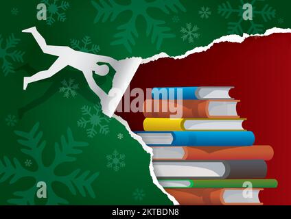 Flying man tearing Christmas wrapping paper, discovering books. Stylized male silhouette ripping green paper background with snowflakes. Stock Vector