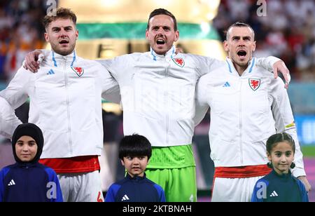 Wales' Gareth Bale and Joe Rodon celebrate after the FIFA World Cup  Qualifying match at the Cardiff City Stadium, Cardiff. Picture date:  Tuesday November 16, 2021 Stock Photo - Alamy