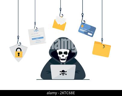Hacker vector concept: Unknown man stealing data from the email while using laptop eps 10 Stock Vector