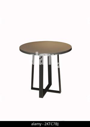 Gray round loft table on a black stand on a white background. Interior Stock Photo