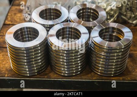 Round metal parts made on a lathe Stock Photo