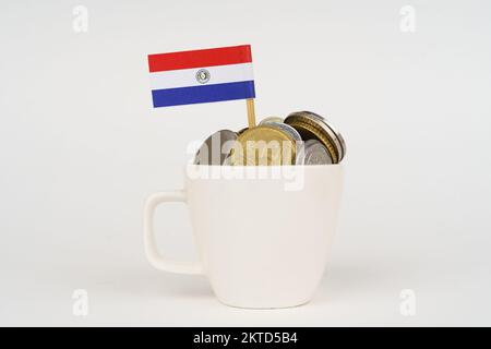 The flag of Paraguay sticks out from a cup with coins. Economy and business concept. Stock Photo