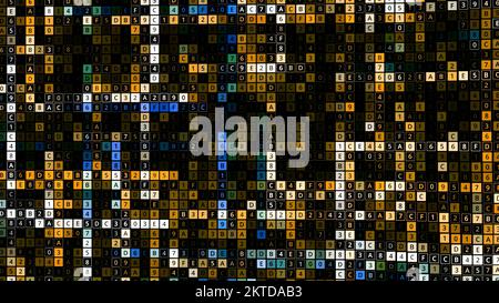 Background with lot of changing numbers. Animation. Multi-colored cells with numbers change and move on electronic field. Bright background of generat Stock Photo