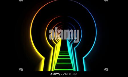 Abstract animation neon lock hole. Animation. Neon tunnel in shape of door opening for key. Keyhole tunnel on black background. Stock Photo