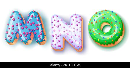 Donut icing upper latters - MNO Font of donuts. Bakery sweet alphabet. Donut alphabet latter MNO isolated on white background, vector illustration Stock Vector