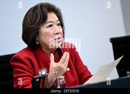 Berlin, Germany. 29th Nov, 2022. Mari Elka Pangestu, World Bank executive director for development policy and partnerships, speaks at a press conference following a meeting with the heads of the five major international economic and financial organizations and the German chancellor. Credit: Britta Pedersen/dpa/Alamy Live News Stock Photo