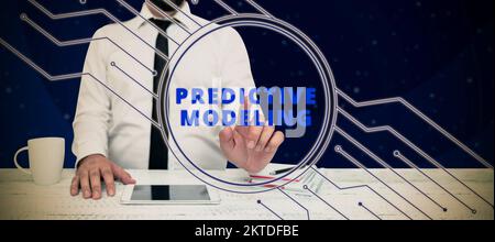 Text caption presenting Predictive Modeling, Business idea maintenance strategy driven by predictive analytics Stock Photo