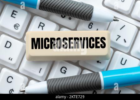 Hand writing sign Microservices, Conceptual photo Software development technique Building single function module Stock Photo