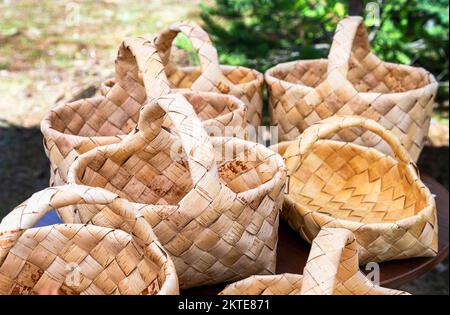 Wicker baskets from birch bark. Handmade birch bark basket Stock Photo