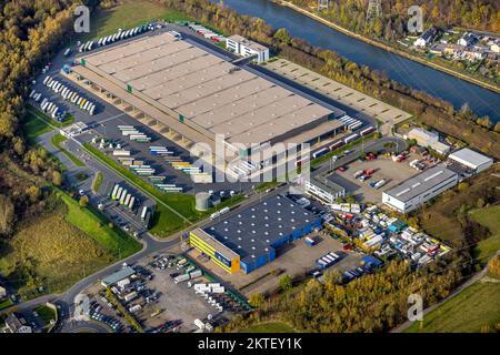 Aerial view, Grimberg port, Duvenbeck Kraftverkehr Logistik, Unser Fritz, Herne, Ruhr area, North Rhine-Westphalia, Germany, DE, Europe, Commercial en Stock Photo