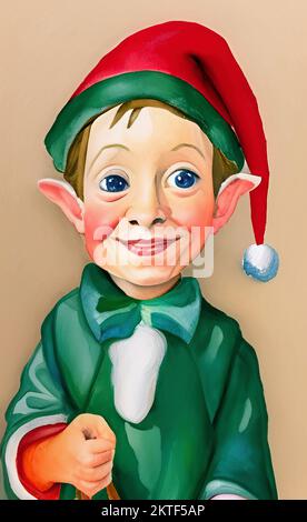 Hamish Elf Christmas elf, digital watercolor painting portrait of christmas ...