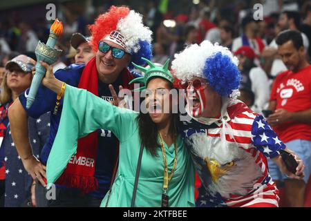 Doha, Qatar. 29th Nov, 2022. USA fans support their team during the 2022 FIFA World Cup Group B match at Al Thumama Stadium in Doha, Qatar on November 29, 2022. Photo by Chris Brunskill/UPI Credit: UPI/Alamy Live News Stock Photo