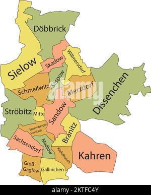 Pastel flat vector administrative map of COTTBUS, GERMANY with name tags and black border lines of its districts Stock Vector